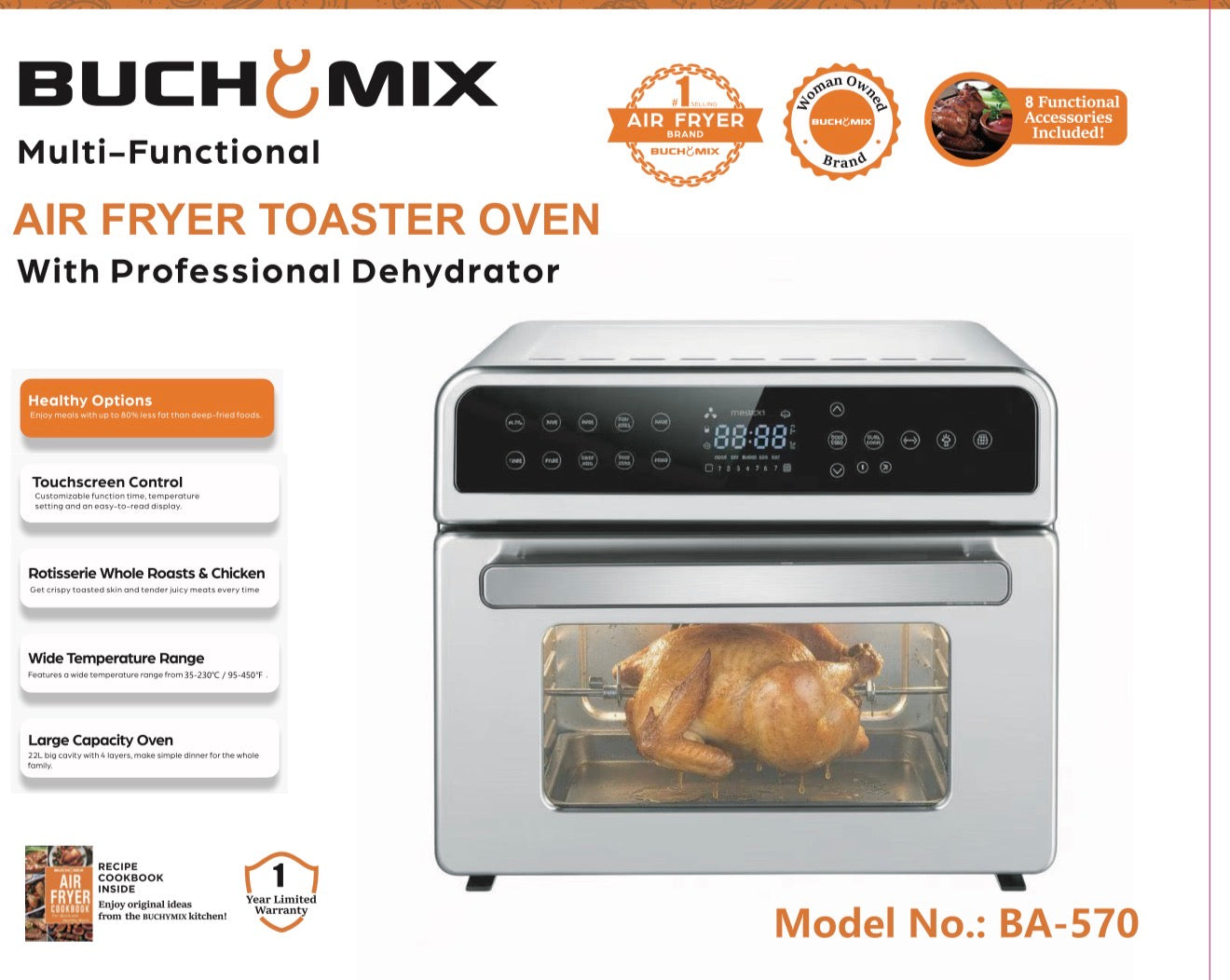 All in One Air fryer Oven with  Stainless Steel Interior & Accessories