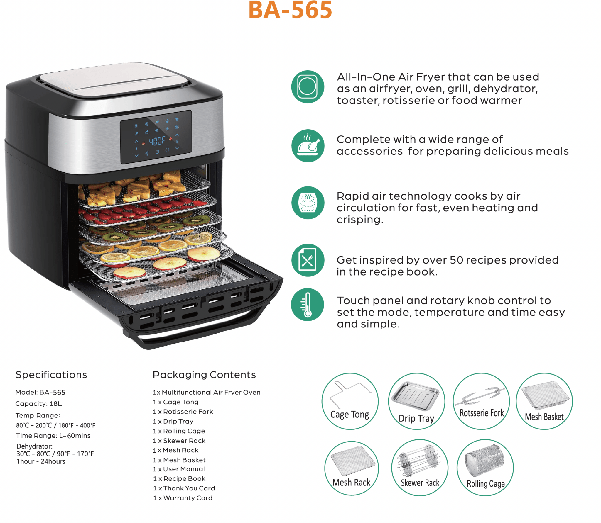 Multifunction Smart Air Fryer with Stainless Steel - Interior and Accessories